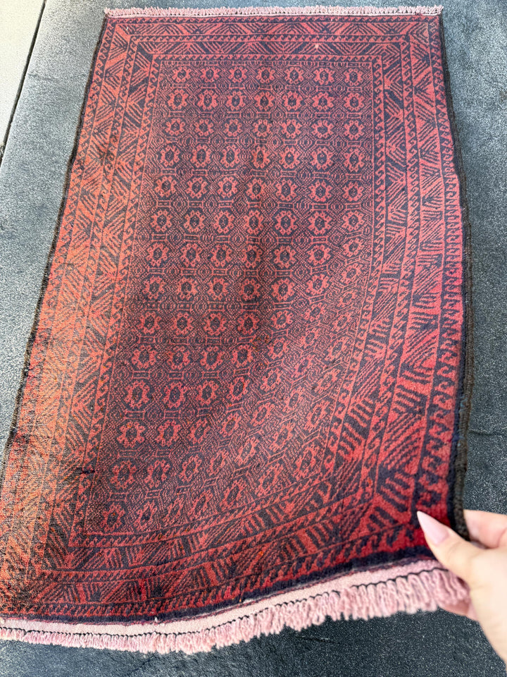 3x5 (91x152) Handmade Afghan Vintage Baluch Rug | Crimson Blood Brick Red Black Midnight Blue | Wool Persian Geometric Accent Traditional