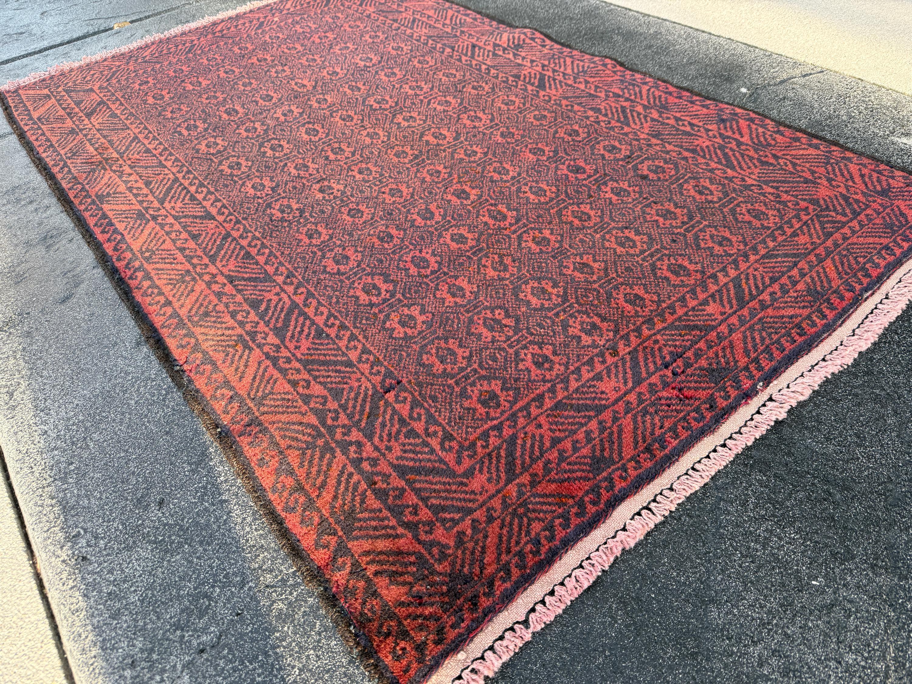 3x5 (91x152) Handmade Afghan Vintage Baluch Rug | Crimson Blood Brick Red Black Midnight Blue | Wool Persian Geometric Accent Traditional