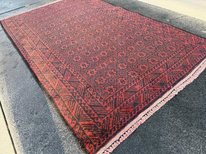 3x5 (91x152) Handmade Afghan Vintage Baluch Rug | Crimson Blood Brick Red Black Midnight Blue | Wool Persian Geometric Accent Traditional