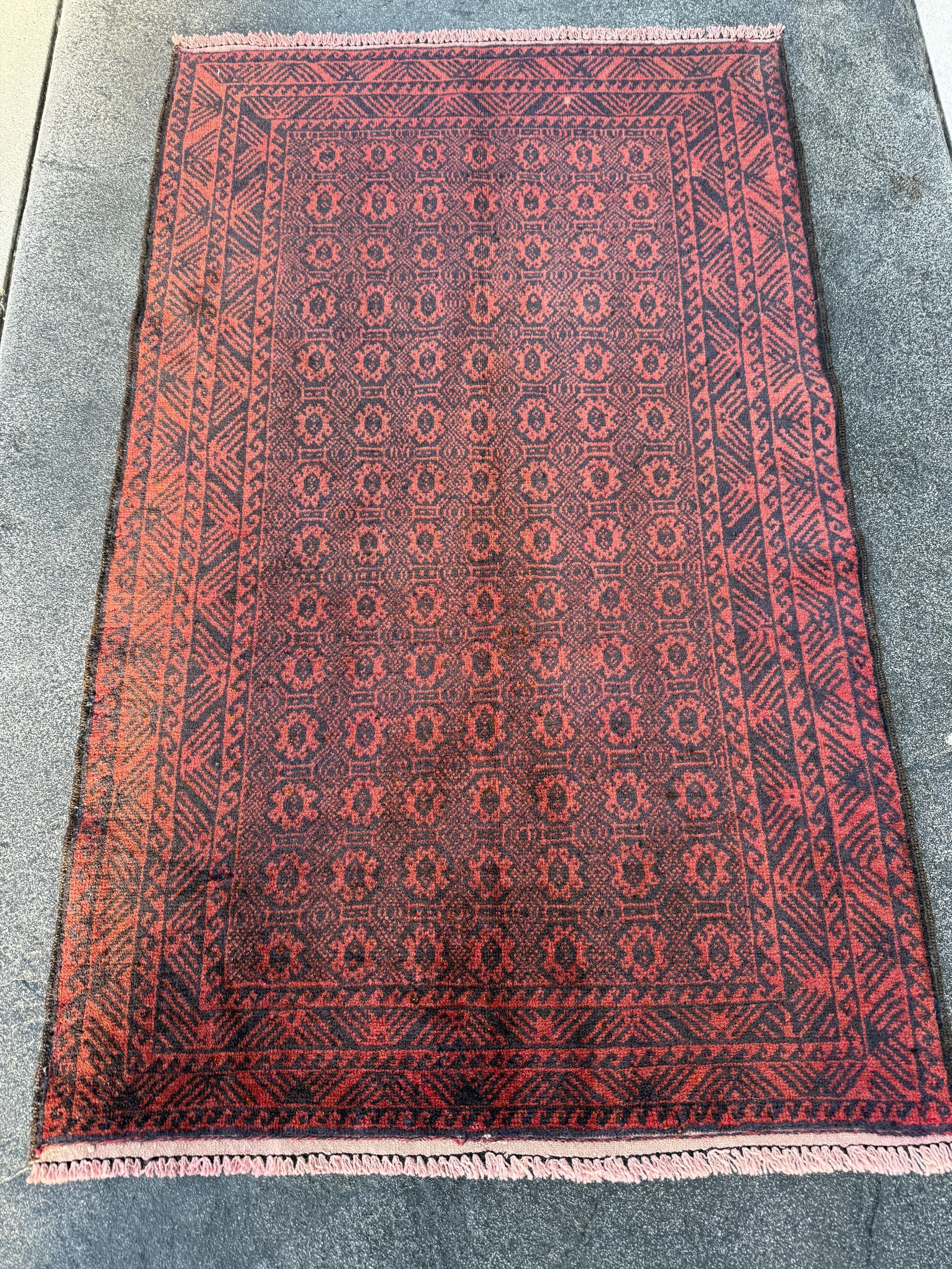 3x5 (91x152) Handmade Afghan Vintage Baluch Rug | Crimson Blood Brick Red Black Midnight Blue | Wool Persian Geometric Accent Traditional