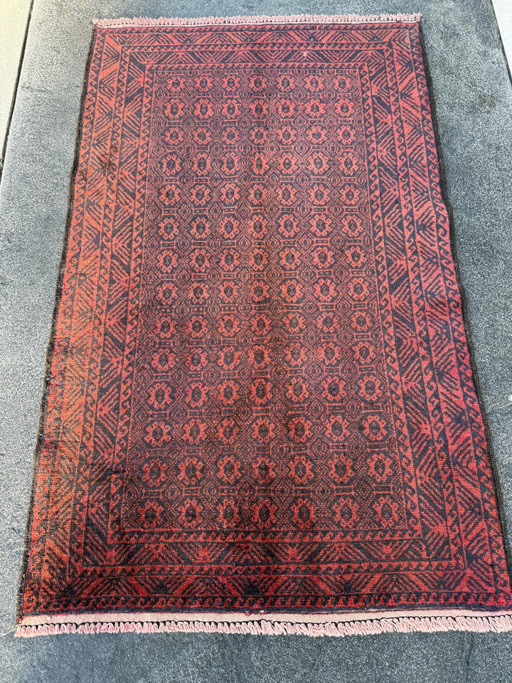 3x5 (91x152) Handmade Afghan Vintage Baluch Rug | Crimson Blood Brick Red Black Midnight Blue | Wool Persian Geometric Accent Traditional