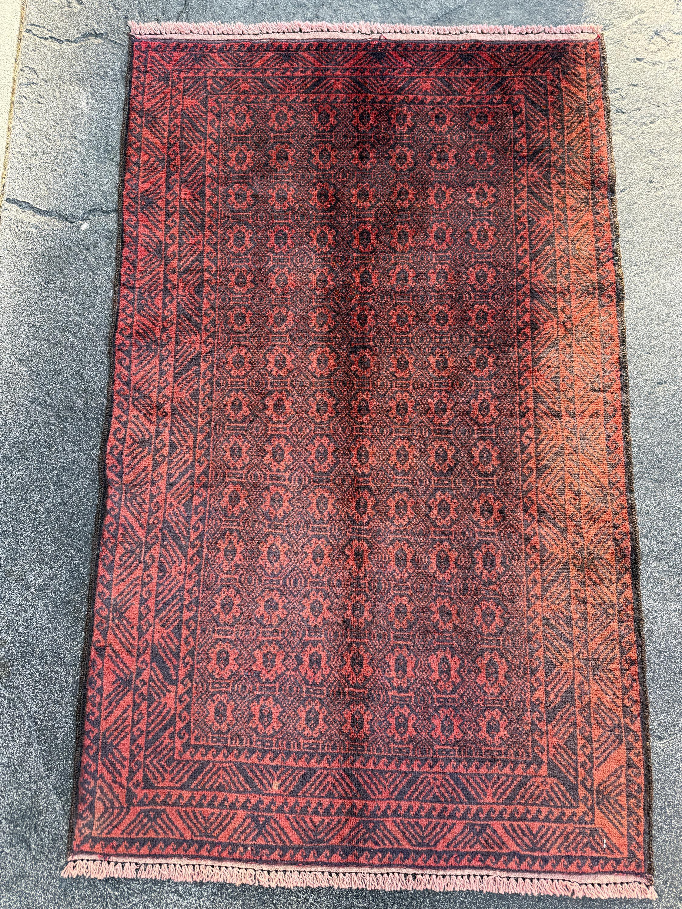 3x5 (91x152) Handmade Afghan Vintage Baluch Rug | Crimson Blood Brick Red Black Midnight Blue | Wool Persian Geometric Accent Traditional