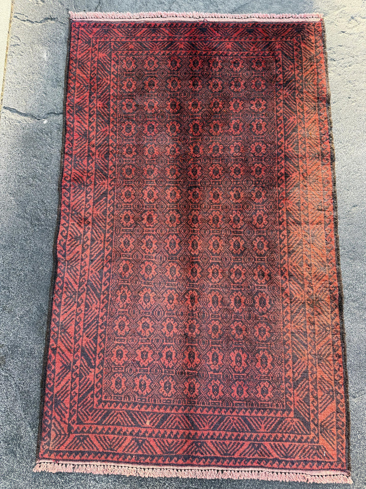 3x5 (91x152) Handmade Afghan Vintage Baluch Rug | Crimson Blood Brick Red Black Midnight Blue | Wool Persian Geometric Accent Traditional