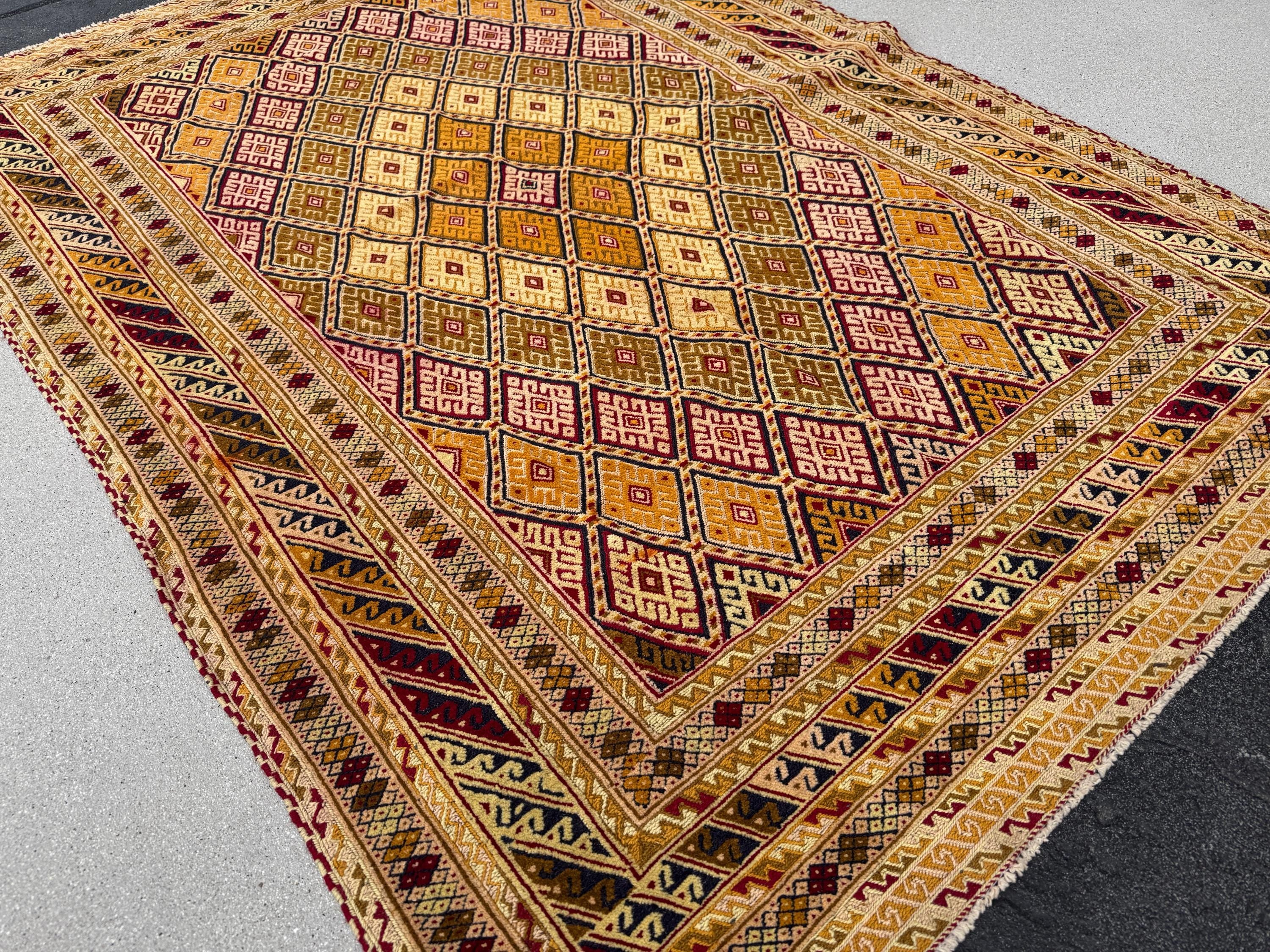 5x7 (147x205) Handmade Kilim Afghan Rug | Gold Saffron Mustard Yellow Beige Taupe Tan Caramel Brown Peach Burnt Rust Orange Garnet Red