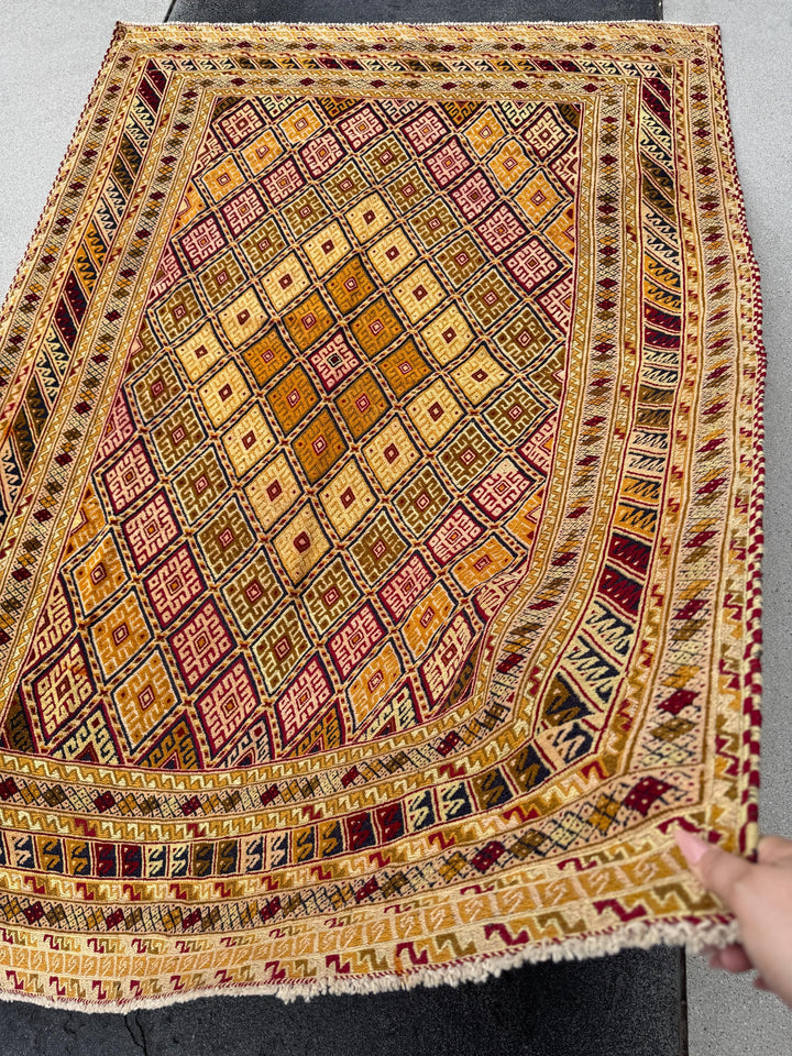 5x7 (147x205) Handmade Kilim Afghan Rug | Gold Saffron Mustard Yellow Beige Taupe Tan Caramel Brown Peach Burnt Rust Orange Garnet Red