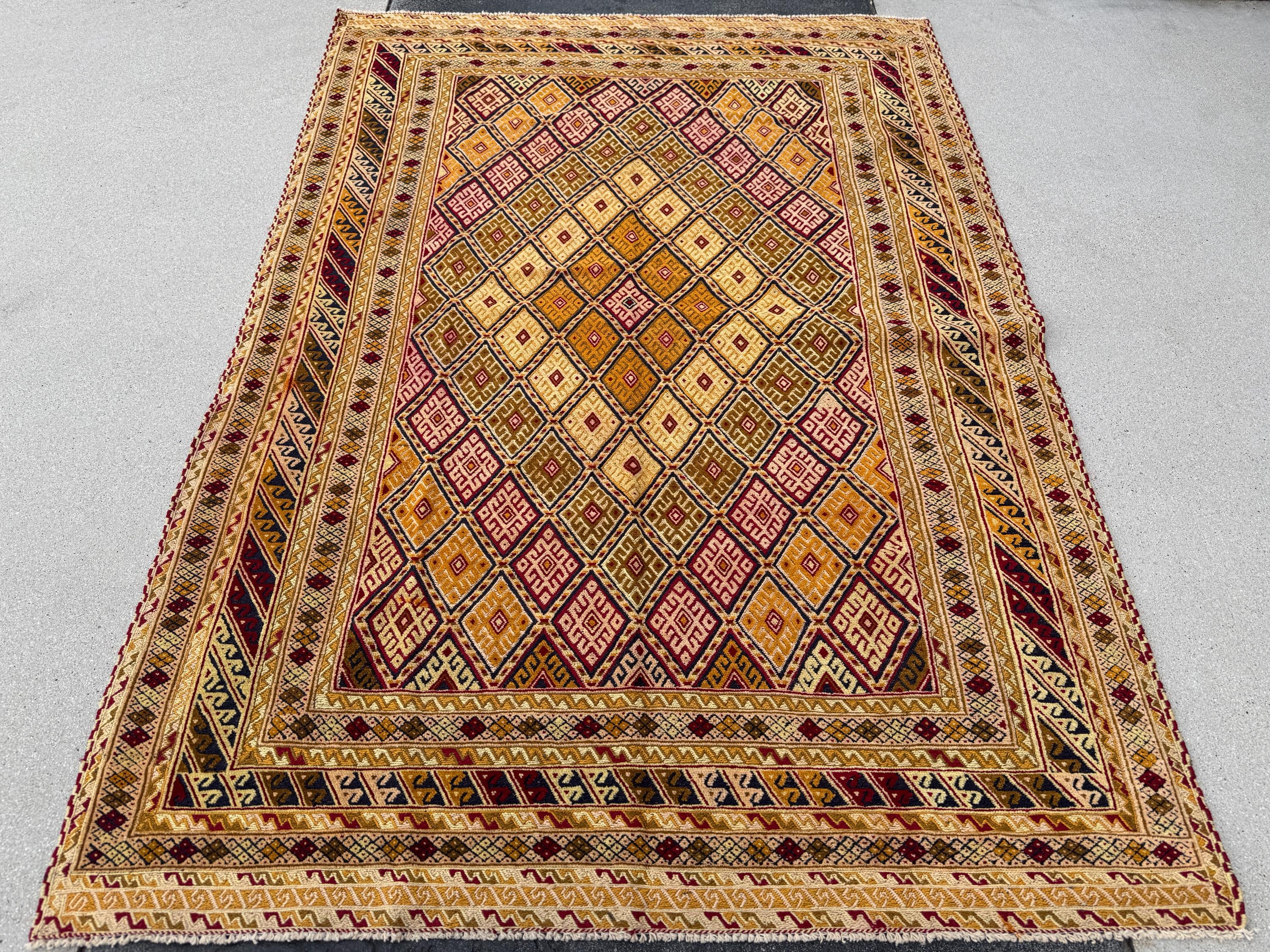 5x7 (147x205) Handmade Kilim Afghan Rug | Gold Saffron Mustard Yellow Beige Taupe Tan Caramel Brown Peach Burnt Rust Orange Garnet Red