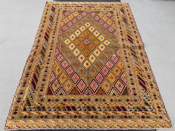 5x7 (147x205) Handmade Kilim Afghan Rug | Gold Saffron Mustard Yellow Beige Taupe Tan Caramel Brown Peach Burnt Rust Orange Garnet Red