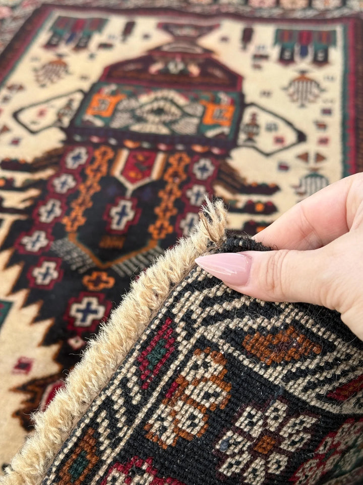 3x4-5 (91x152) Handmade Afghan Vintage Baluch Rug | Cream Black Blood Crimson REd Orange Caramel Sand Brown Forest Green Midnight Blue Gold