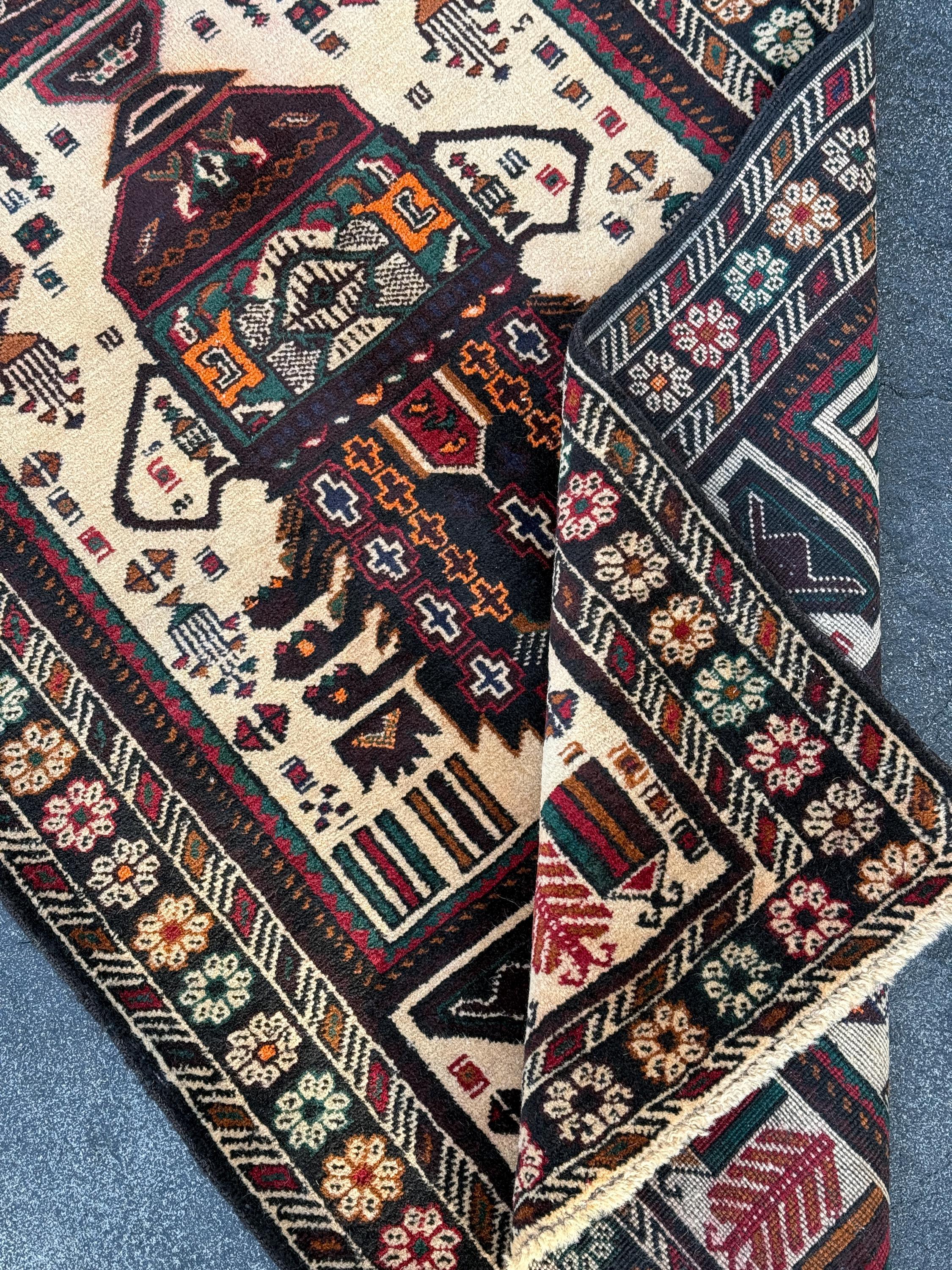 3x4-5 (91x152) Handmade Afghan Vintage Baluch Rug | Cream Black Blood Crimson REd Orange Caramel Sand Brown Forest Green Midnight Blue Gold