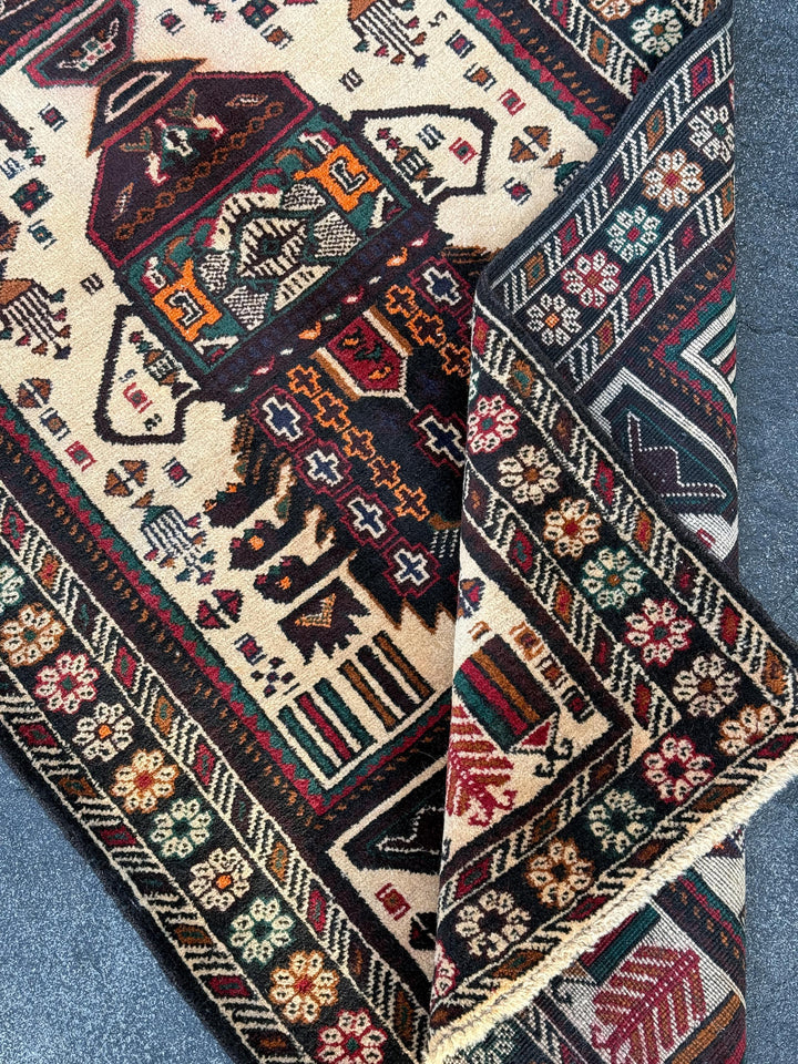 3x4-5 (91x152) Handmade Afghan Vintage Baluch Rug | Cream Black Blood Crimson REd Orange Caramel Sand Brown Forest Green Midnight Blue Gold