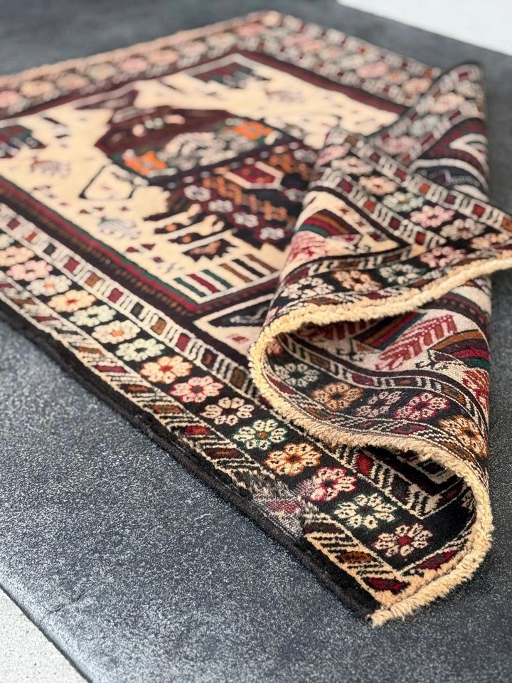 3x4-5 (91x152) Handmade Afghan Vintage Baluch Rug | Cream Black Blood Crimson REd Orange Caramel Sand Brown Forest Green Midnight Blue Gold