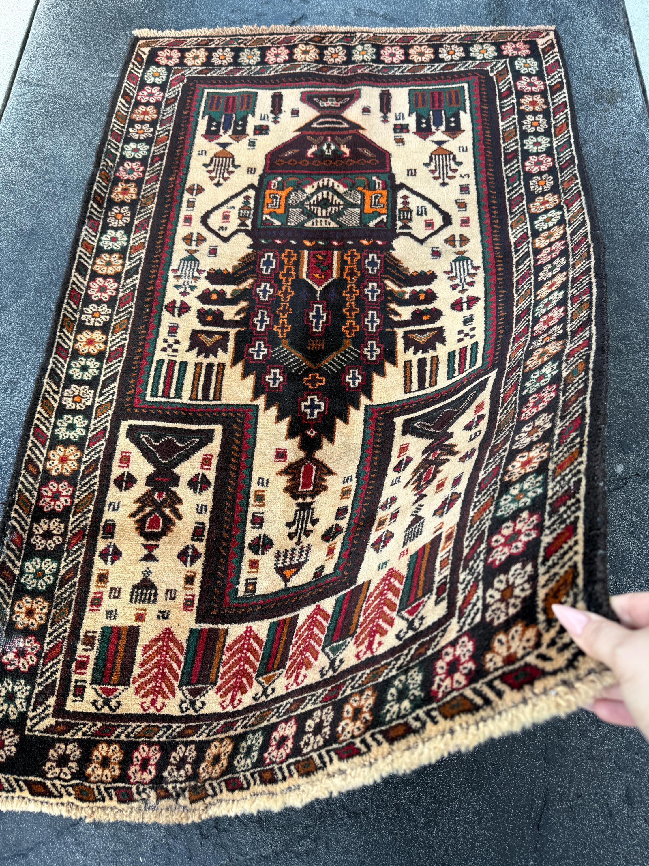 3x4-5 (91x152) Handmade Afghan Vintage Baluch Rug | Cream Black Blood Crimson REd Orange Caramel Sand Brown Forest Green Midnight Blue Gold