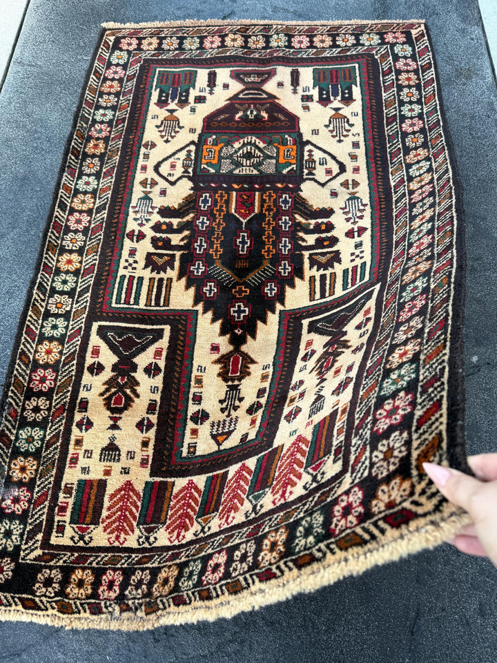 3x4-5 (91x152) Handmade Afghan Vintage Baluch Rug | Cream Black Blood Crimson REd Orange Caramel Sand Brown Forest Green Midnight Blue Gold