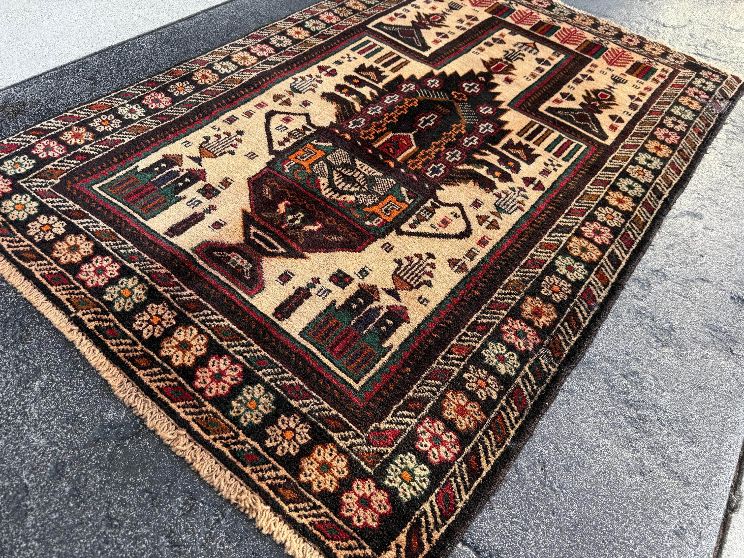 3x4-5 (91x152) Handmade Afghan Vintage Baluch Rug | Cream Black Blood Crimson REd Orange Caramel Sand Brown Forest Green Midnight Blue Gold