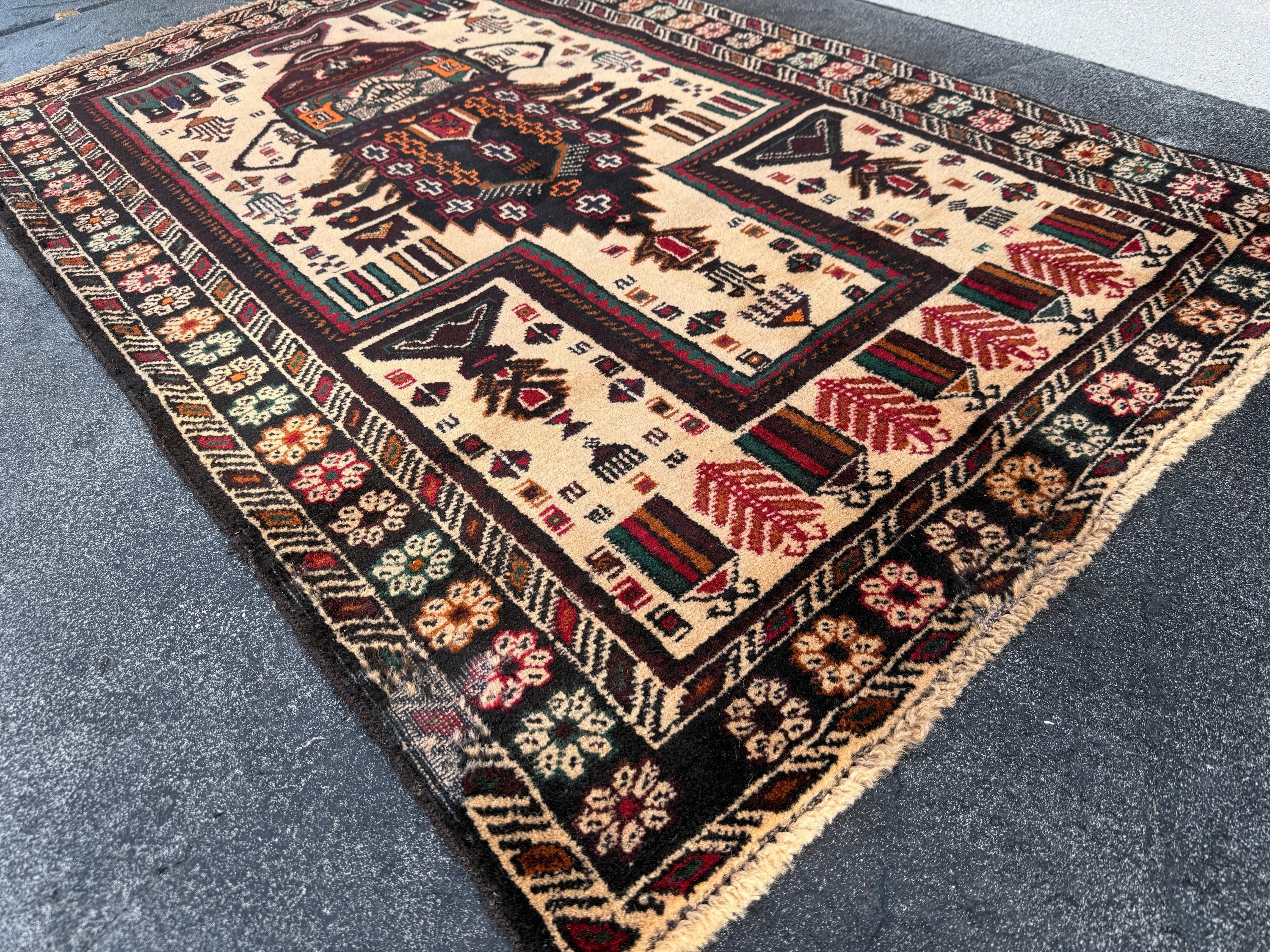 3x4-5 (91x152) Handmade Afghan Vintage Baluch Rug | Cream Black Blood Crimson REd Orange Caramel Sand Brown Forest Green Midnight Blue Gold