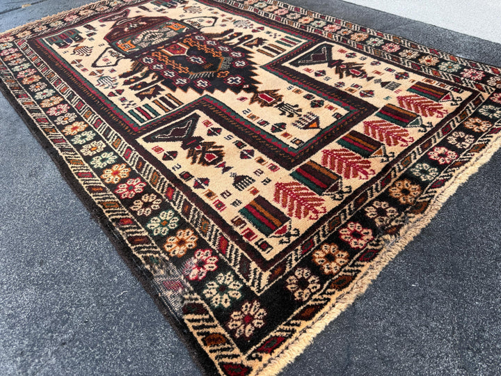 3x4-5 (91x152) Handmade Afghan Vintage Baluch Rug | Cream Black Blood Crimson REd Orange Caramel Sand Brown Forest Green Midnight Blue Gold