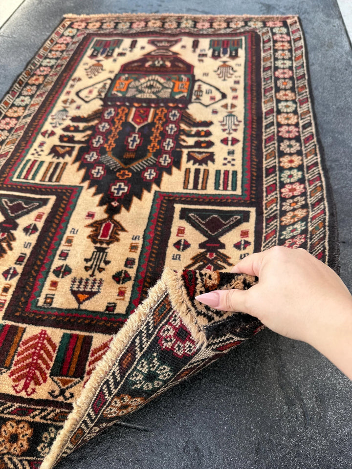 3x4-5 (91x152) Handmade Afghan Vintage Baluch Rug | Cream Black Blood Crimson REd Orange Caramel Sand Brown Forest Green Midnight Blue Gold