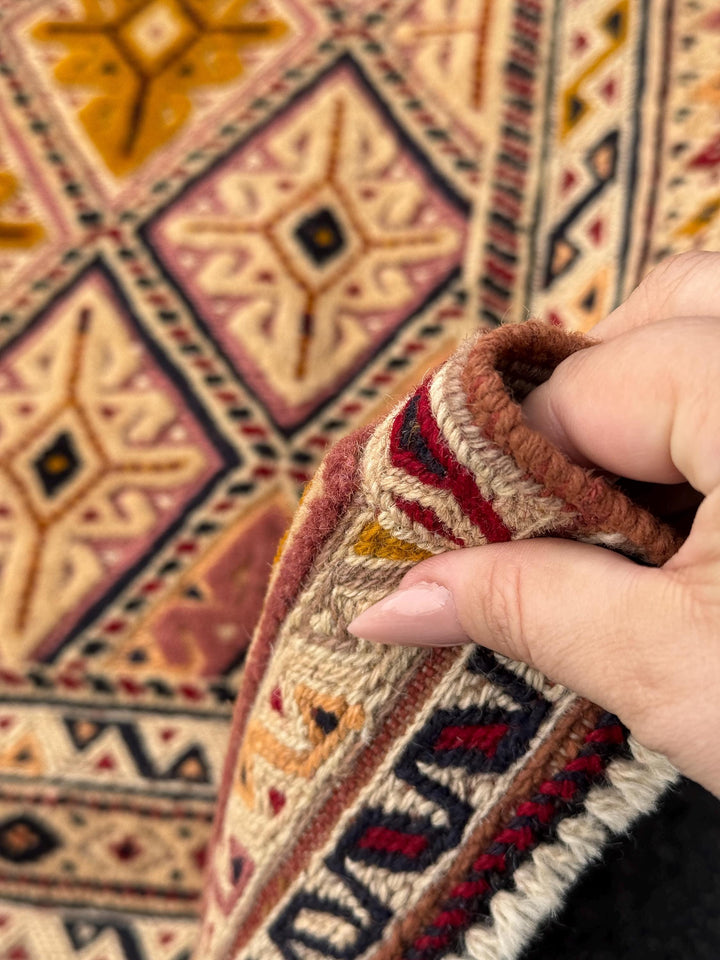 4x5 (109x134) Handmade Kilim Afghan Rug | Gold Saffron Mustard Yellow Beige Taupe Tan Caramel Brown Peach Burnt Rust Orange Garnet Red