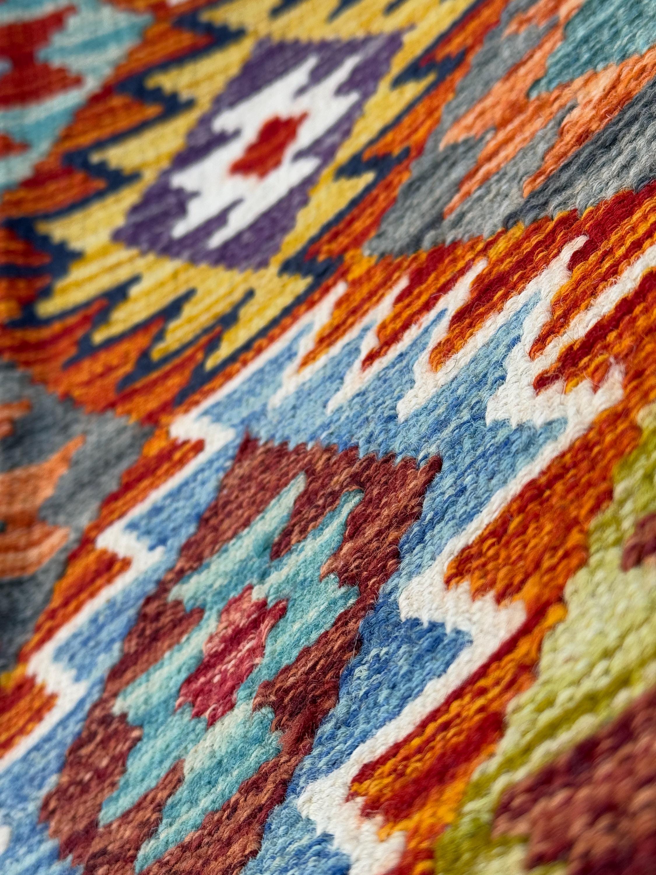 2x5 Handmade Afghan Kilim Runner Rug | Aqua Sky Blue Teal Burnt Orange Brick Red Rust Mustard Yellow Olive Green Purple Cream White