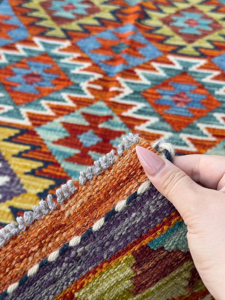 2x5 Handmade Afghan Kilim Runner Rug | Aqua Sky Blue Teal Burnt Orange Brick Red Rust Mustard Yellow Olive Green Purple Cream White