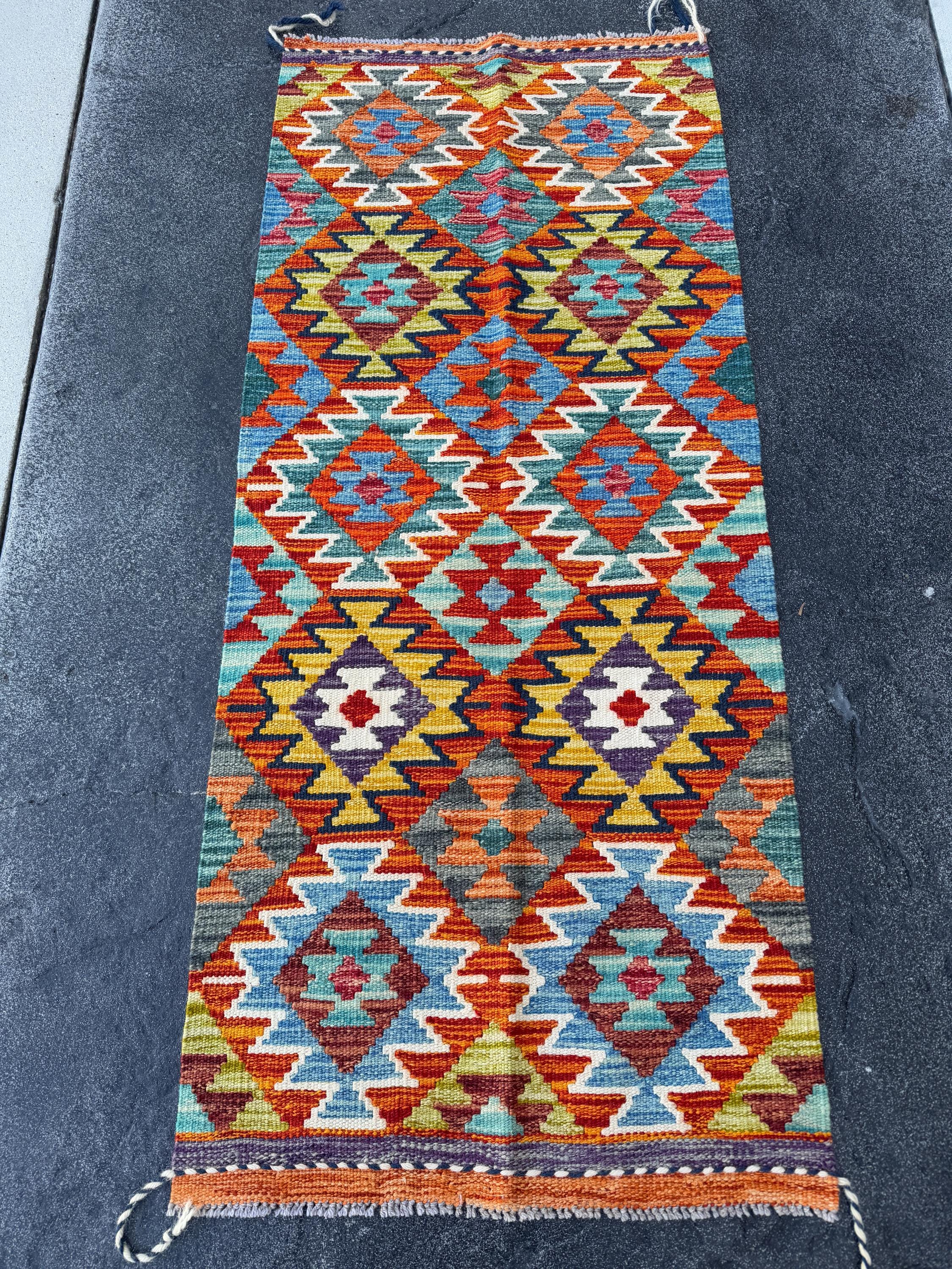 2x5 Handmade Afghan Kilim Runner Rug | Aqua Sky Blue Teal Burnt Orange Brick Red Rust Mustard Yellow Olive Green Purple Cream White