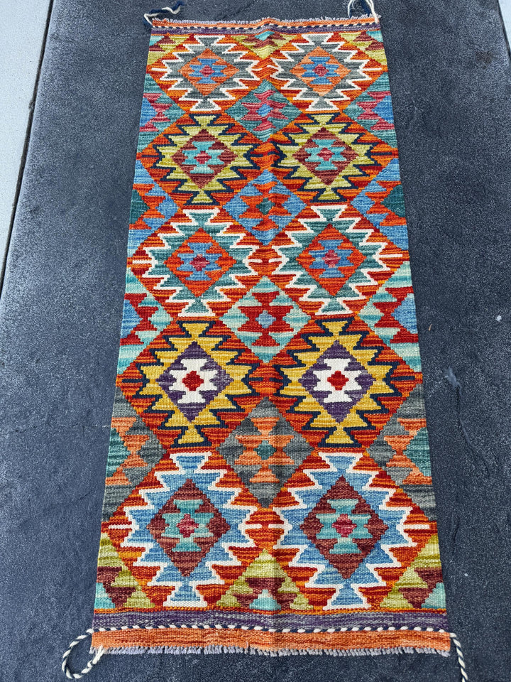 2x5 Handmade Afghan Kilim Runner Rug | Aqua Sky Blue Teal Burnt Orange Brick Red Rust Mustard Yellow Olive Green Purple Cream White