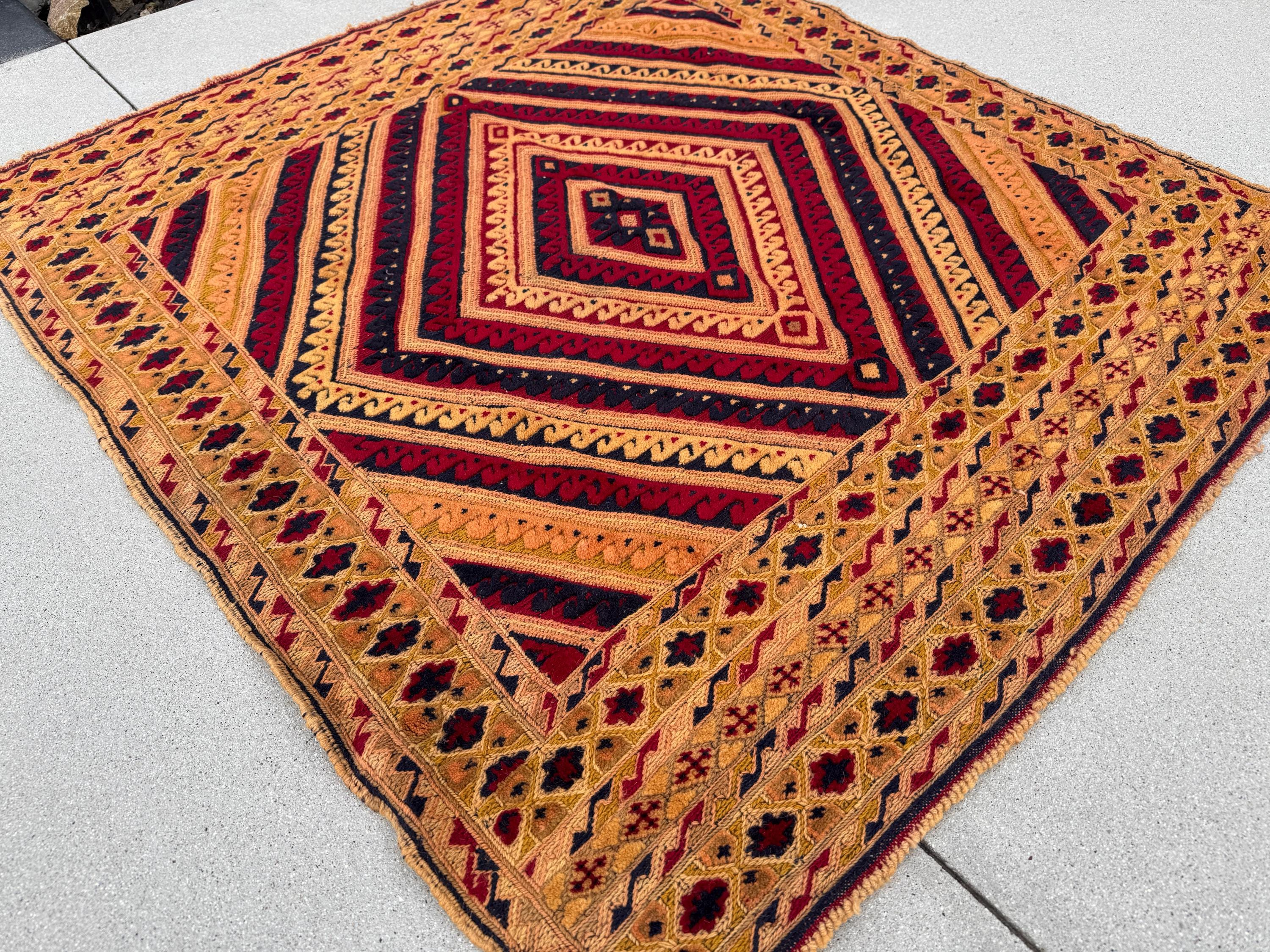 4x5 (124x134) Handmade Kilim Afghan Rug | Gold Saffron Mustard Yellow Beige Taupe Tan Caramel Brown Peach Burnt Rust Orange Garnet Red