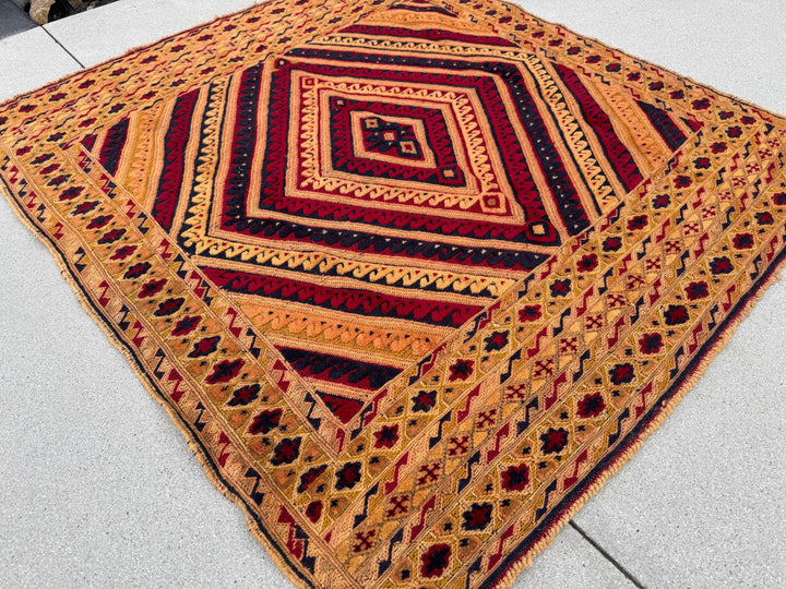 4x5 (124x134) Handmade Kilim Afghan Rug | Gold Saffron Mustard Yellow Beige Taupe Tan Caramel Brown Peach Burnt Rust Orange Garnet Red