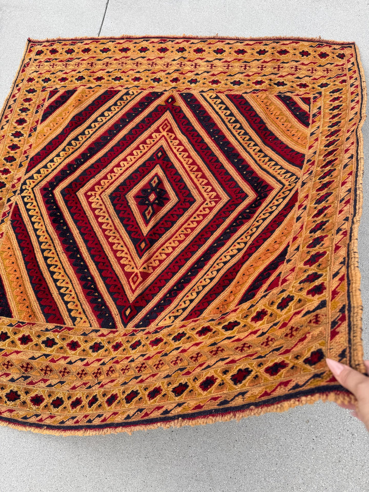 4x5 (124x134) Handmade Kilim Afghan Rug | Gold Saffron Mustard Yellow Beige Taupe Tan Caramel Brown Peach Burnt Rust Orange Garnet Red