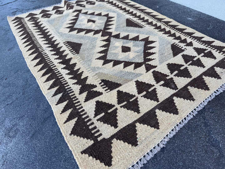 3x4 (60x121) Handmade Afghan Kilim Rug | Sand Chocolate Coffee Brown Taupe Tan Beige Grey Gray Cream Black | Wool Flatweave Neutral