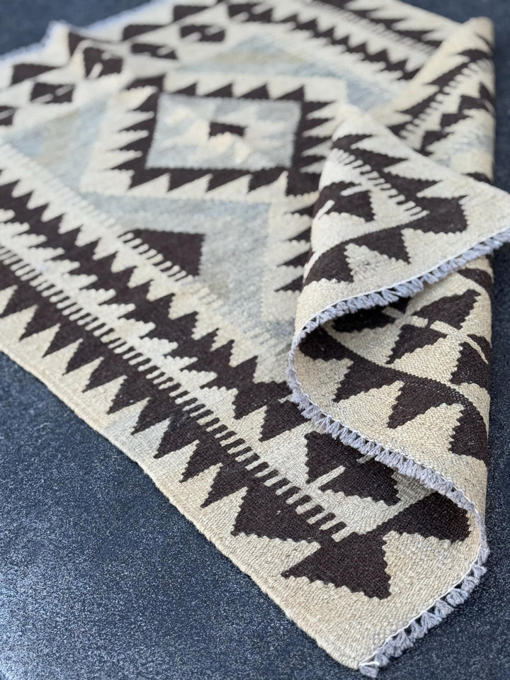 3x4 (60x121) Handmade Afghan Kilim Rug | Sand Chocolate Coffee Brown Taupe Tan Beige Grey Gray Cream Black | Wool Flatweave Neutral