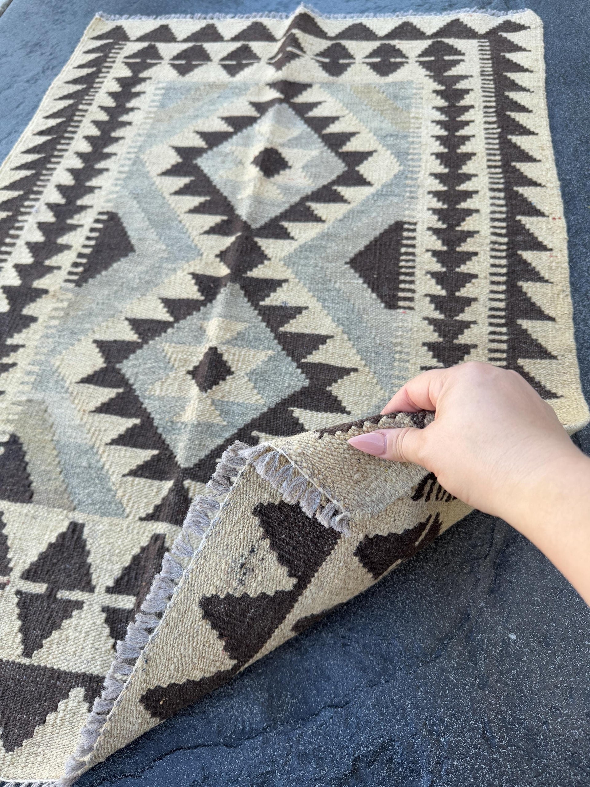 3x4 (60x121) Handmade Afghan Kilim Rug | Sand Chocolate Coffee Brown Taupe Tan Beige Grey Gray Cream Black | Wool Flatweave Neutral