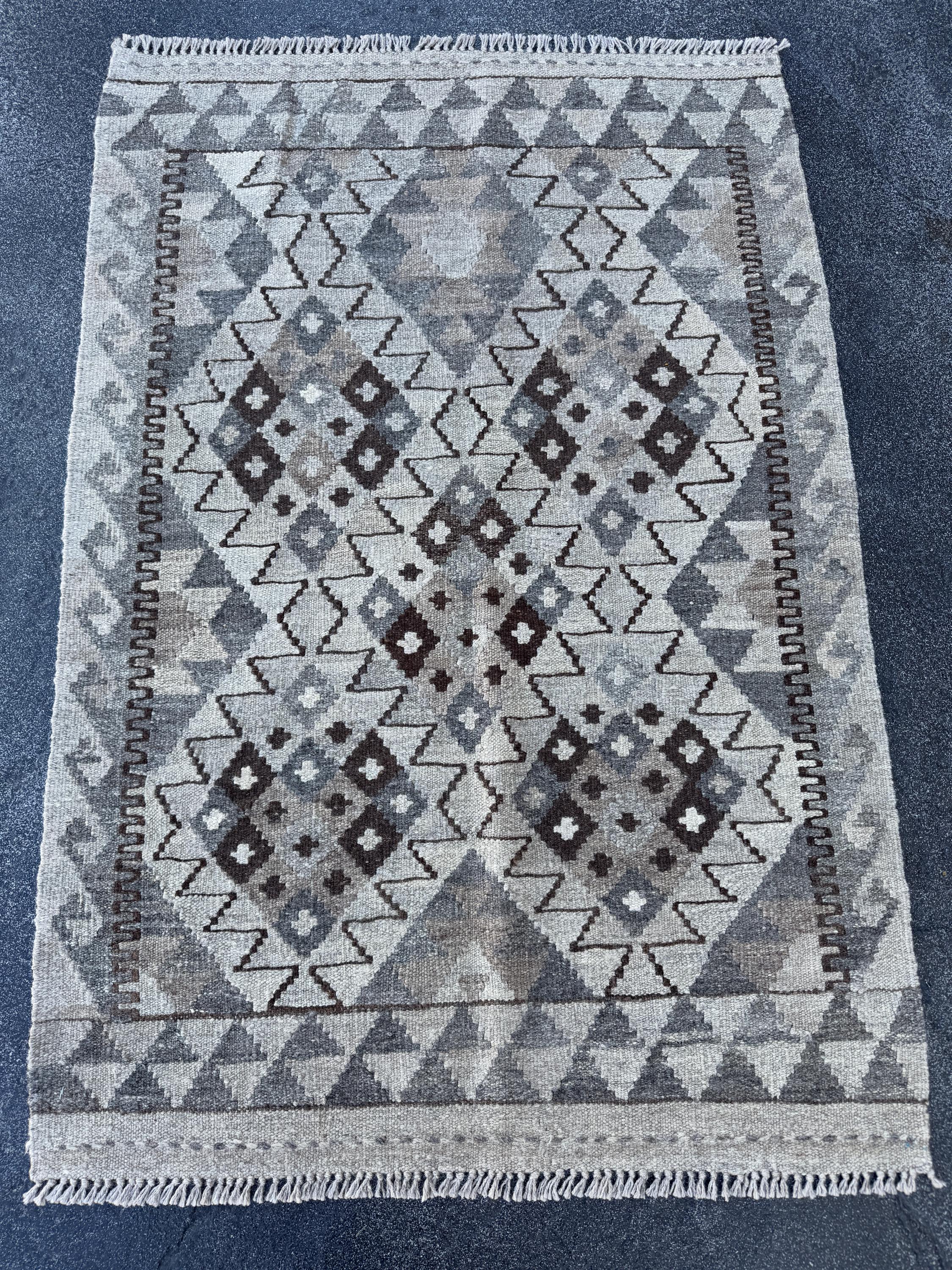 3x4 (60x121) Handmade Afghan Kilim Rug | Grey Gray Cream Ivory Black Chocolate Brown Charcoal Slate Stone Taupe | Wool Flatweave Neutral