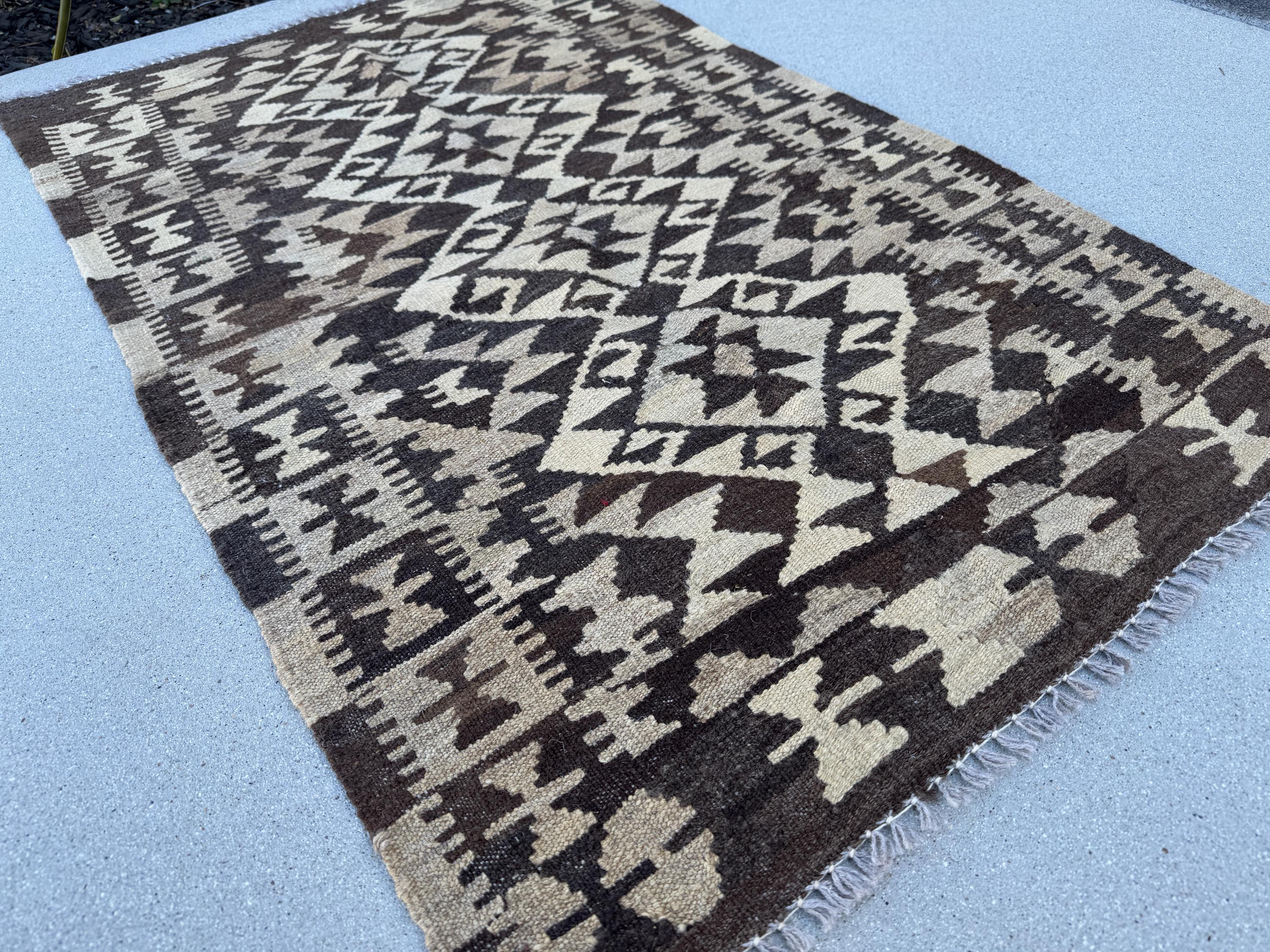 3x4 (91x121) Handmade Afghan Kilim Rug | Sand Chocolate Coffee Brown Taupe Tan Beige Grey Gray Cream | Wool Flatweave Neutral