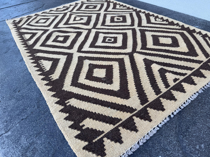 3x4 (91x121) Handmade Afghan Kilim Rug | Sand Chocolate Coffee Brown Taupe Tan Beige | Wool Flatweave Neutral Geometric Tribal Traditional