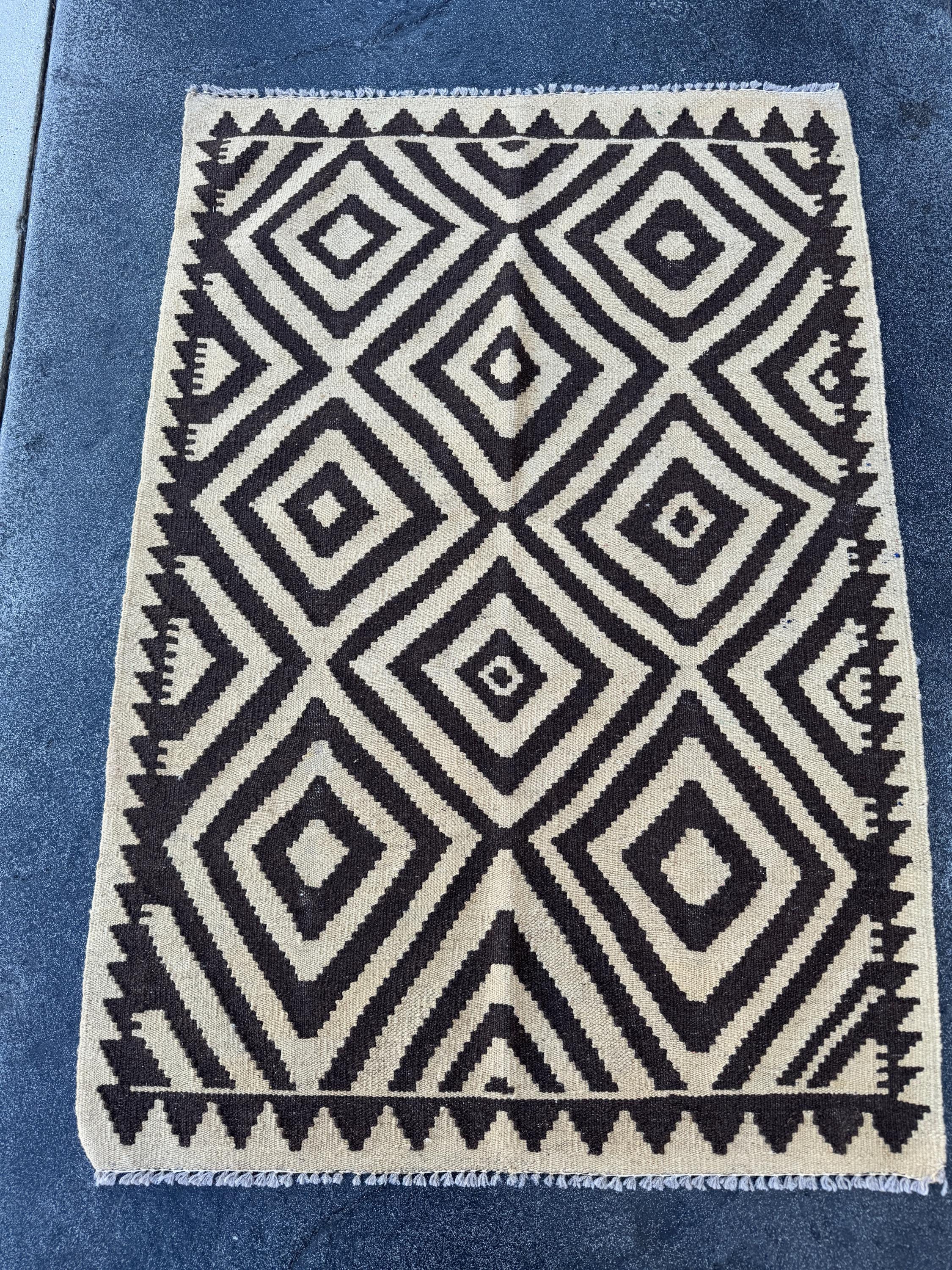 3x4 (91x121) Handmade Afghan Kilim Rug | Sand Chocolate Coffee Brown Taupe Tan Beige | Wool Flatweave Neutral Geometric Tribal Traditional