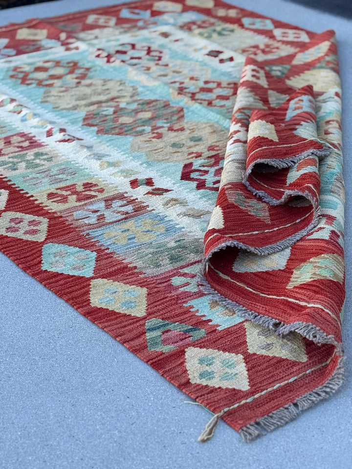 5x8 (165x248) Handmade Afghan Kilim Rug | Ruby Red Auburn Baby Blue Pine Sage Green Saffron Taupe Cream | Flatweave Tribal Nomadic Turkish