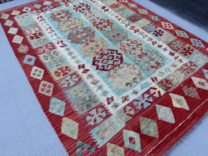 5x8 (165x248) Handmade Afghan Kilim Rug | Ruby Red Auburn Baby Blue Pine Sage Green Saffron Taupe Cream | Flatweave Tribal Nomadic Turkish