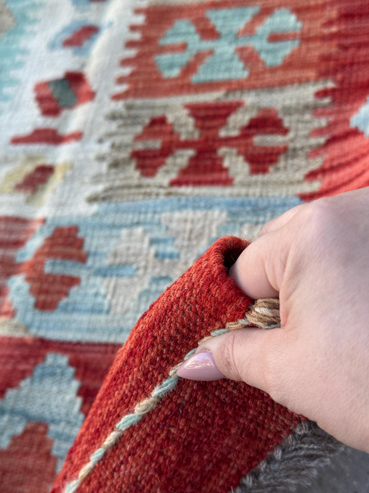 5x8 (165x248) Handmade Afghan Kilim Rug | Ruby Red Auburn Baby Blue Pine Sage Green Saffron Taupe Cream | Flatweave Tribal Nomadic Turkish