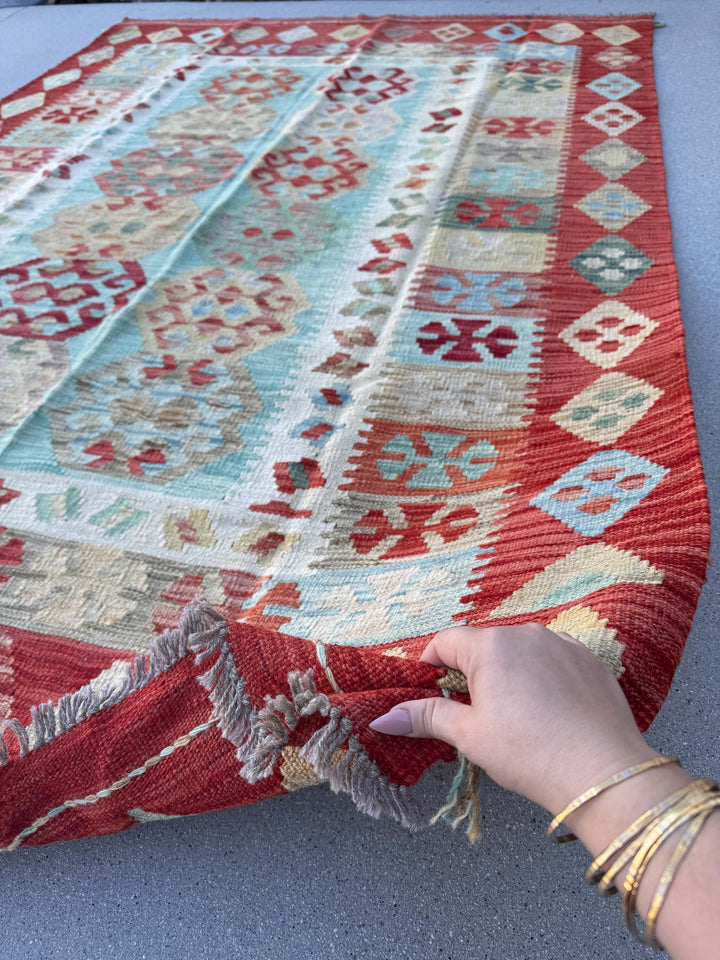 5x8 (165x248) Handmade Afghan Kilim Rug | Ruby Red Auburn Baby Blue Pine Sage Green Saffron Taupe Cream | Flatweave Tribal Nomadic Turkish