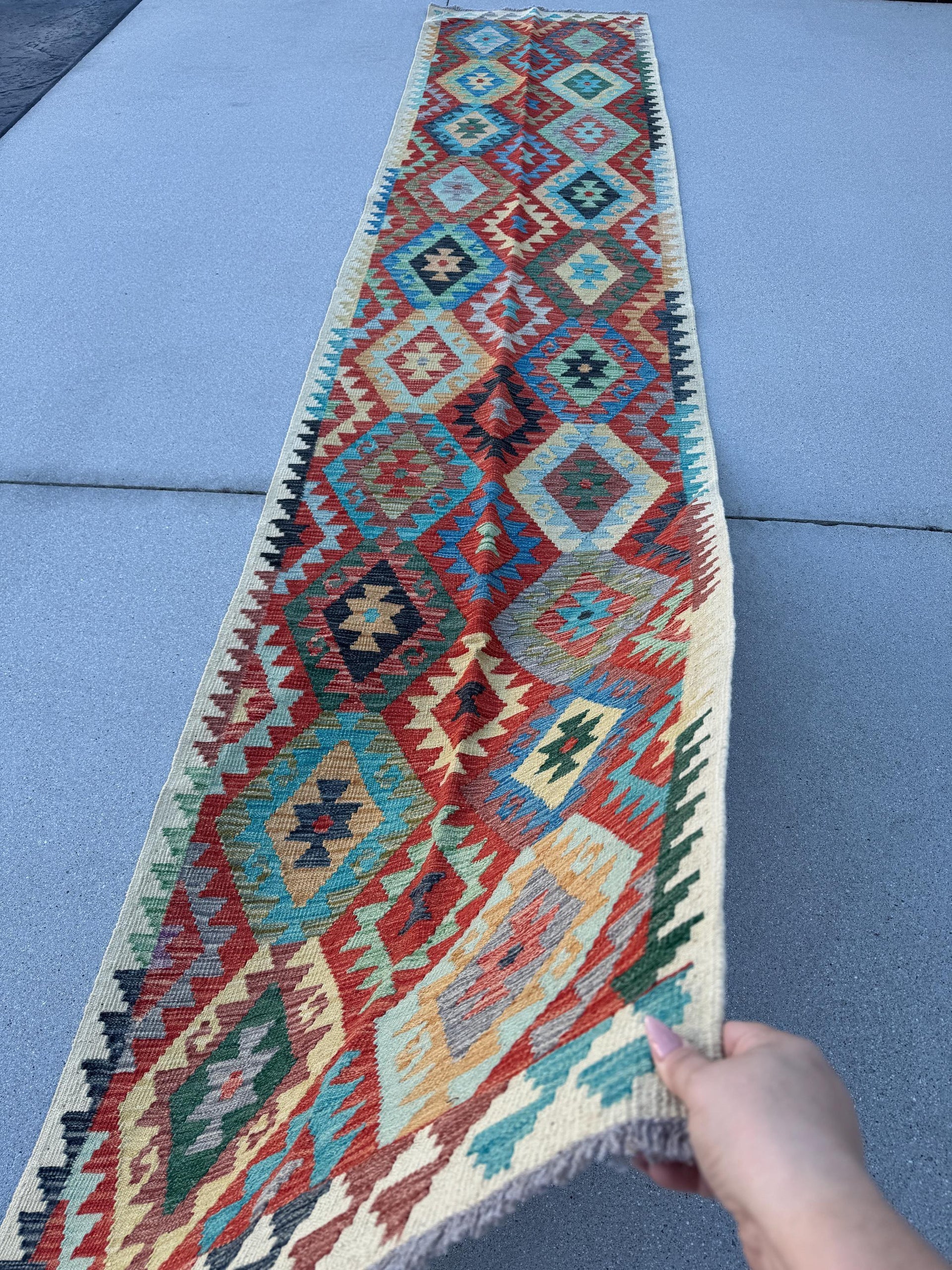 2x13 (83x398) Handmade Afghan Kilim Runner Rug | Ivory Cream Blood Red Burnt Orange Mustard Yellow Turquoise Teal Blue Olive Sage Green Grey