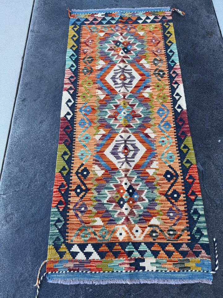 2x5 (60x152) Handmade Afghan Kilim Rug | Denim Aqua Sky Midnight Blue Teal Ivory White Brick Red Burnt Orange Moss Green Burgundy Black Grey