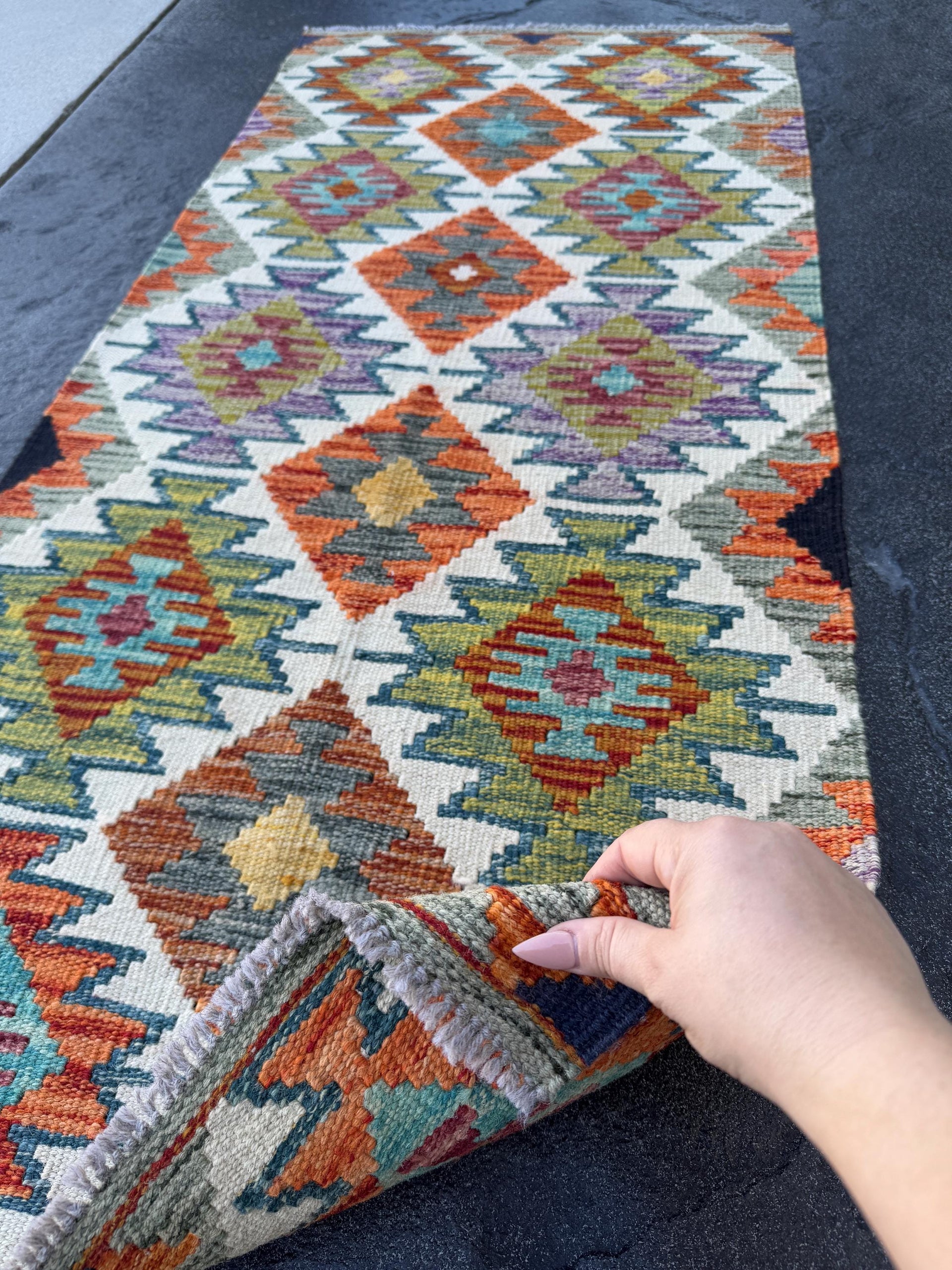 2x5 Handmade Afghan Kilim Runner Rug | Cream Ivory Burnt Orange Eggplant Purple Olive Moss Forest Green Grey Teal Denim Blue Saffron Maroon