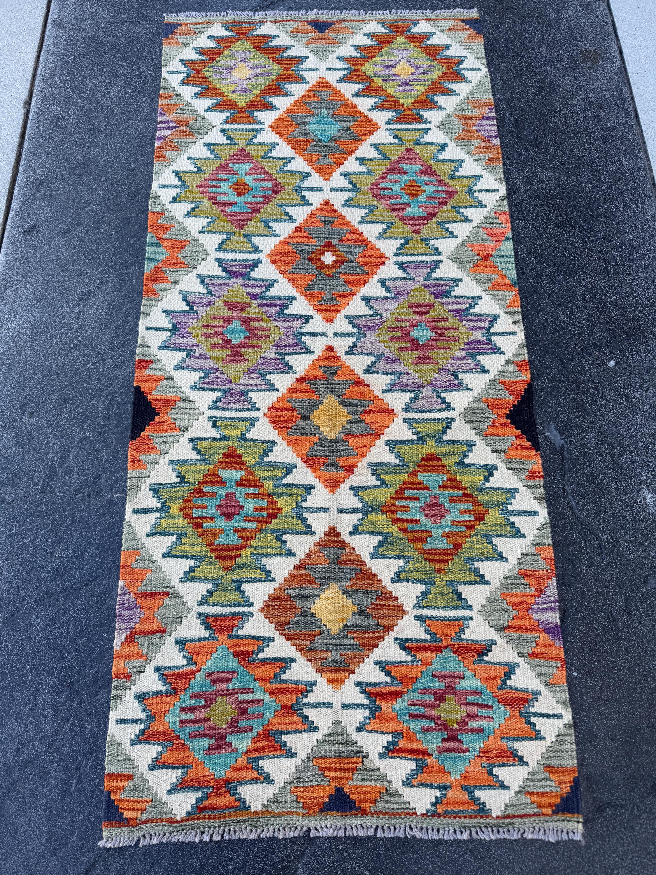 2x5 Handmade Afghan Kilim Runner Rug | Cream Ivory Burnt Orange Eggplant Purple Olive Moss Forest Green Grey Teal Denim Blue Saffron Maroon