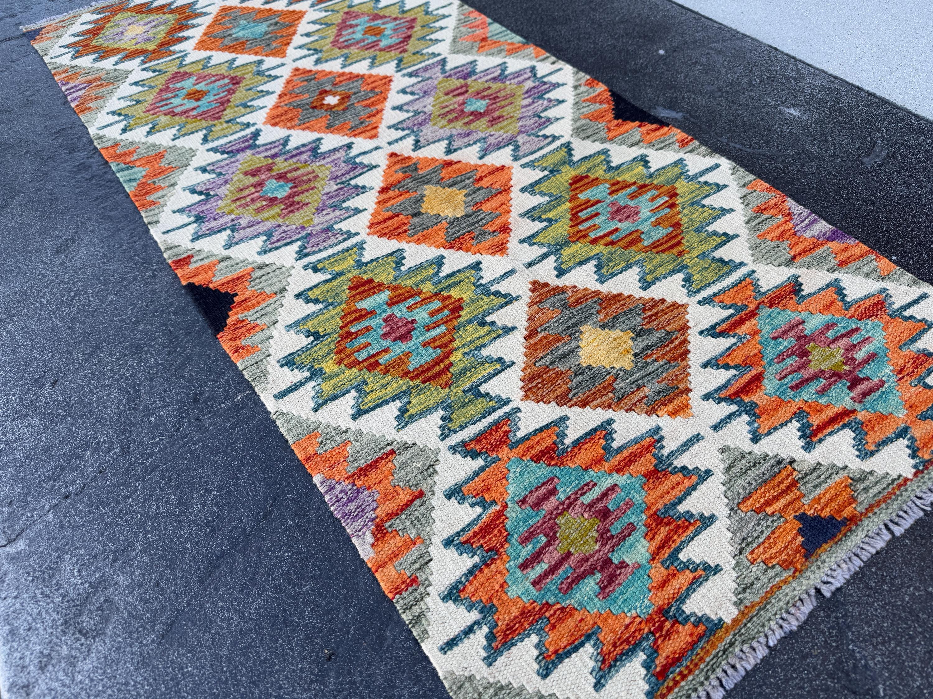 2x5 Handmade Afghan Kilim Runner Rug | Cream Ivory Burnt Orange Eggplant Purple Olive Moss Forest Green Grey Teal Denim Blue Saffron Maroon