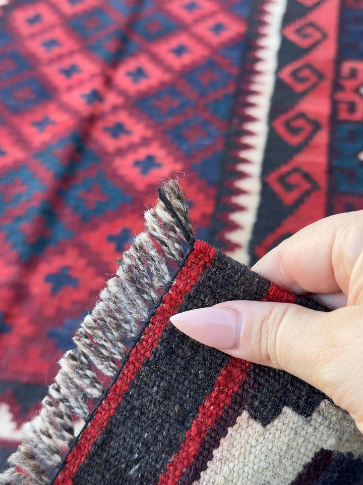 3x6 Vintage Handmade Afghan Kilim Rug | Blood Brick Crimson Burgundy Red Black Cream White Navy Midnight Blue Forest Green | Wool Flatweave