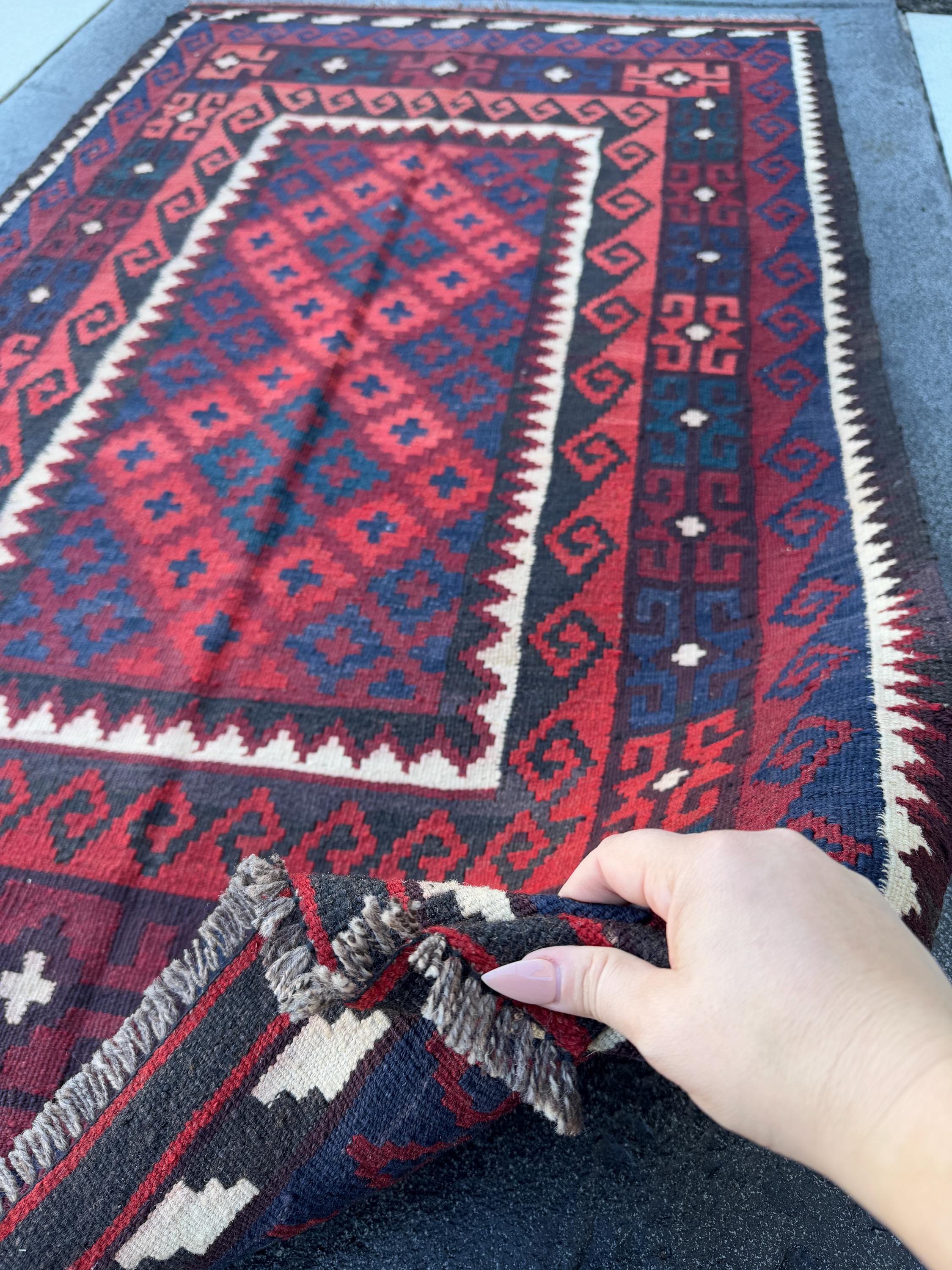 3x6 Vintage Handmade Afghan Kilim Rug | Blood Brick Crimson Burgundy Red Black Cream White Navy Midnight Blue Forest Green | Wool Flatweave