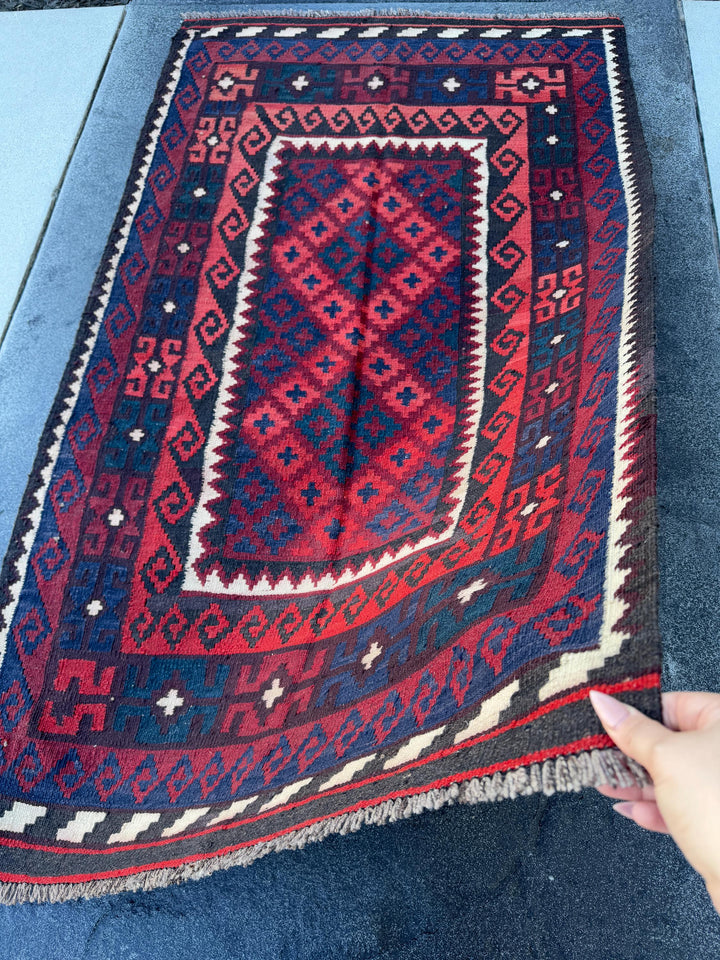 3x6 Vintage Handmade Afghan Kilim Rug | Blood Brick Crimson Burgundy Red Black Cream White Navy Midnight Blue Forest Green | Wool Flatweave