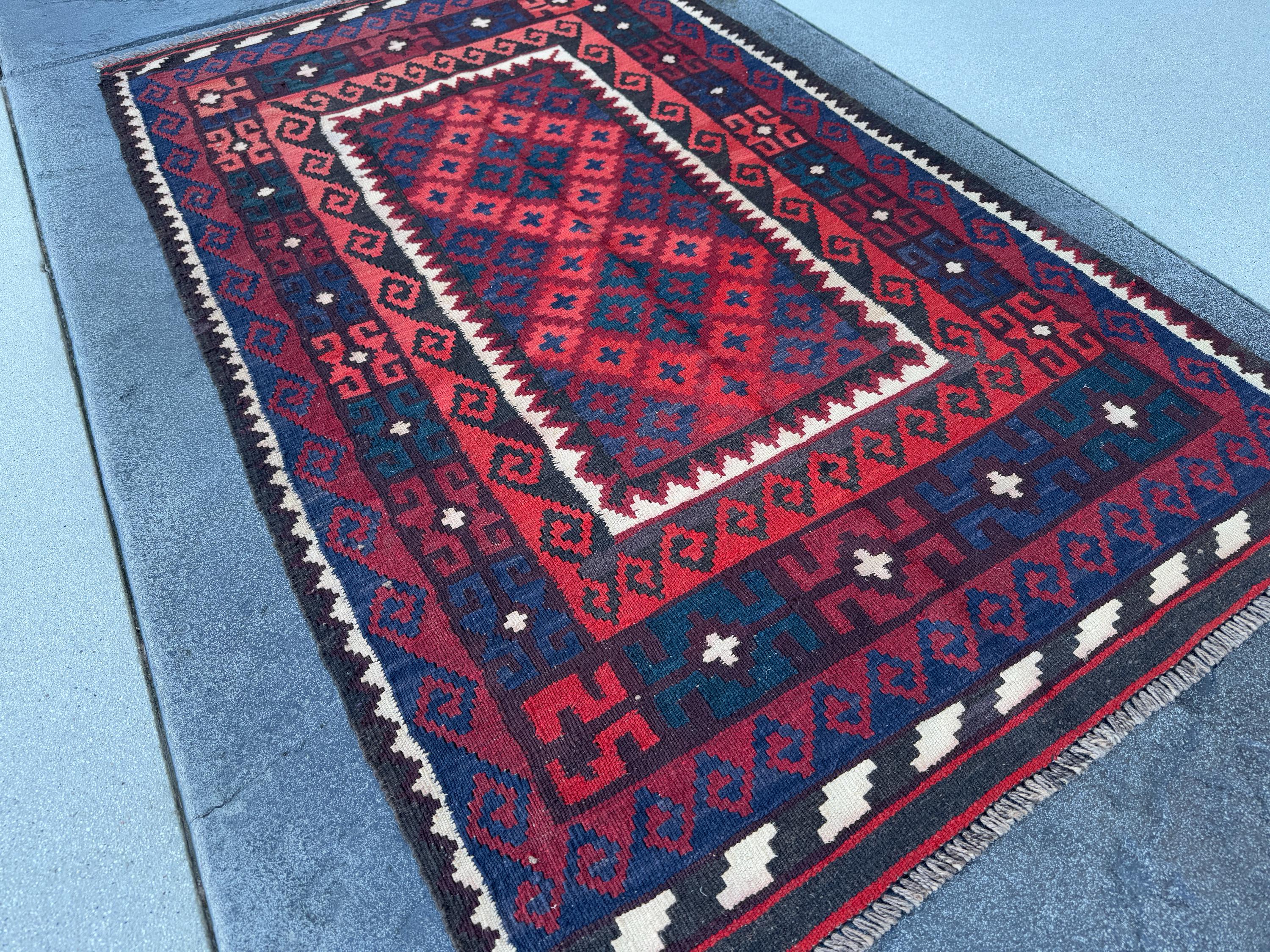 3x6 Vintage Handmade Afghan Kilim Rug | Blood Brick Crimson Burgundy Red Black Cream White Navy Midnight Blue Forest Green | Wool Flatweave