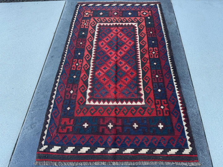 3x6 Vintage Handmade Afghan Kilim Rug | Blood Brick Crimson Burgundy Red Black Cream White Navy Midnight Blue Forest Green | Wool Flatweave